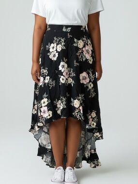 Torrid Floral Hi Low Midi Skirt Black Size 0 Plus Boho Flowy Chiffon Layered